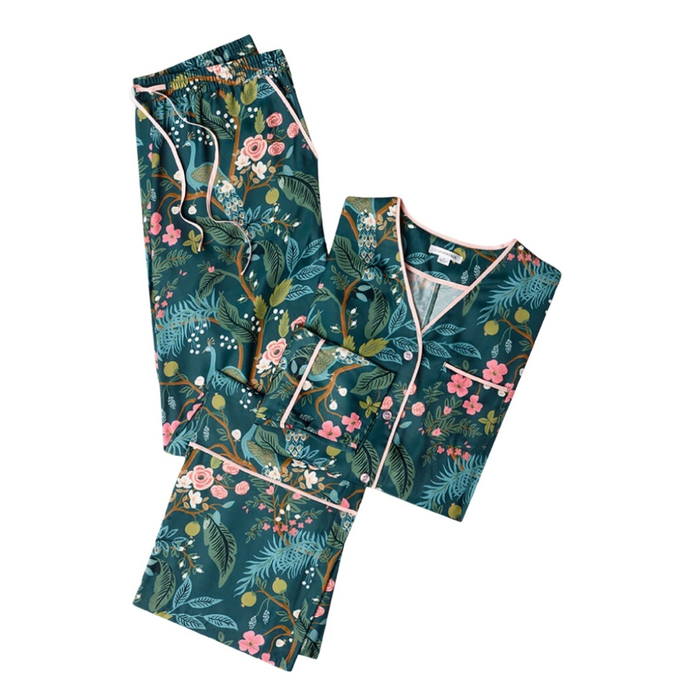 Rifle Paper Co. Forest Green Floral Satin Pajama Set with Pink Trim - Picture 12 of 12